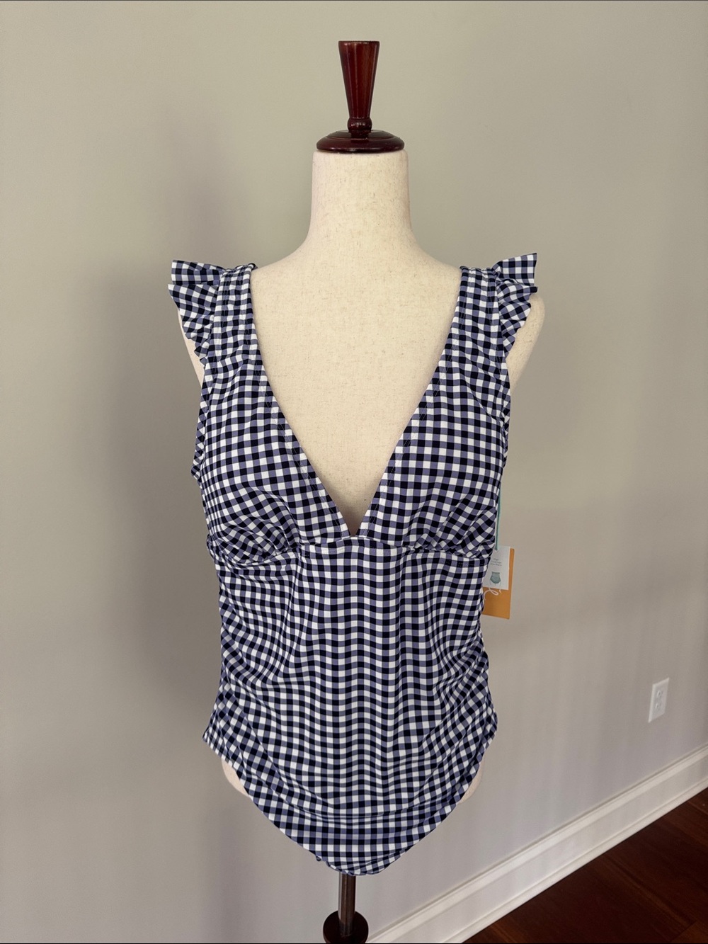 Women's Navy Gingham V-Neck Swimsuit with Ruffle Detail - NWT